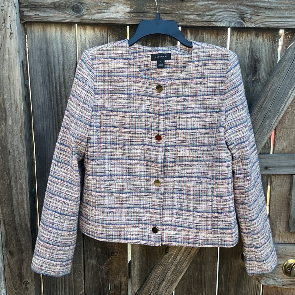 Halogen Womens Multi Color Tweed Blazer Jacket Gold Buttons Size M